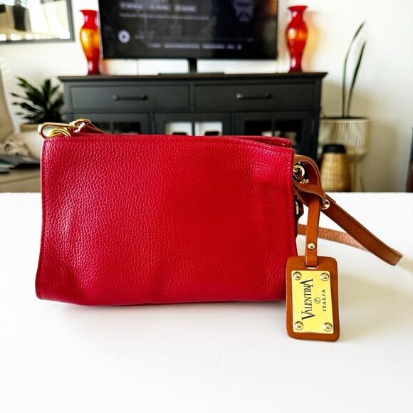 Valentina Zip Around Crossbody Handbag Red Pebbled Leather 2 Straps Italy Nice! - Picture 3 of 14